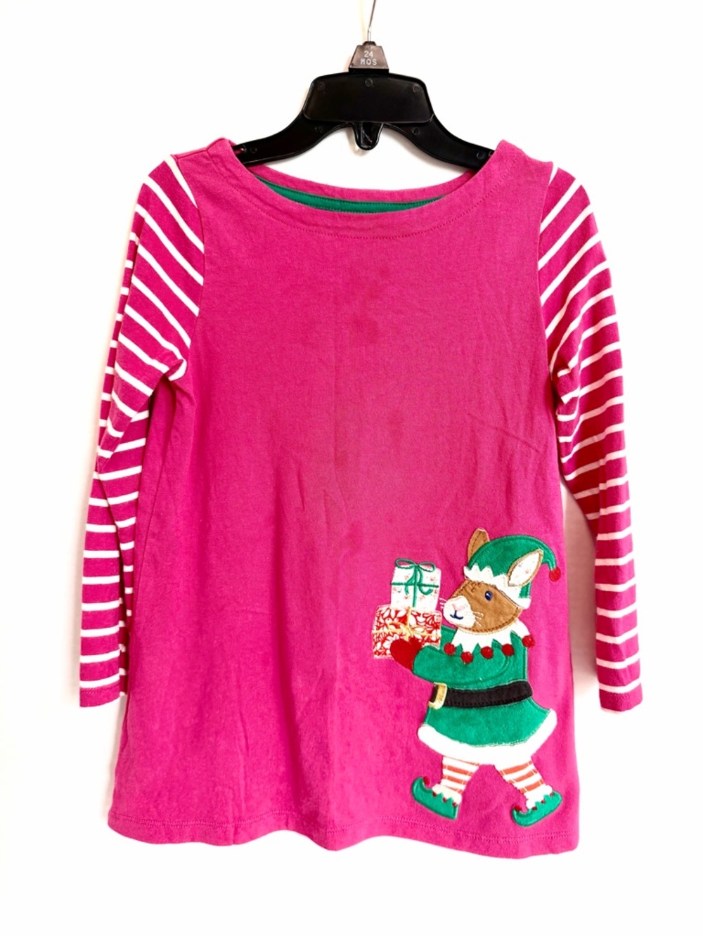 Mini Boden Hot Pink Striped Sleeve Elf Appliqué Dress